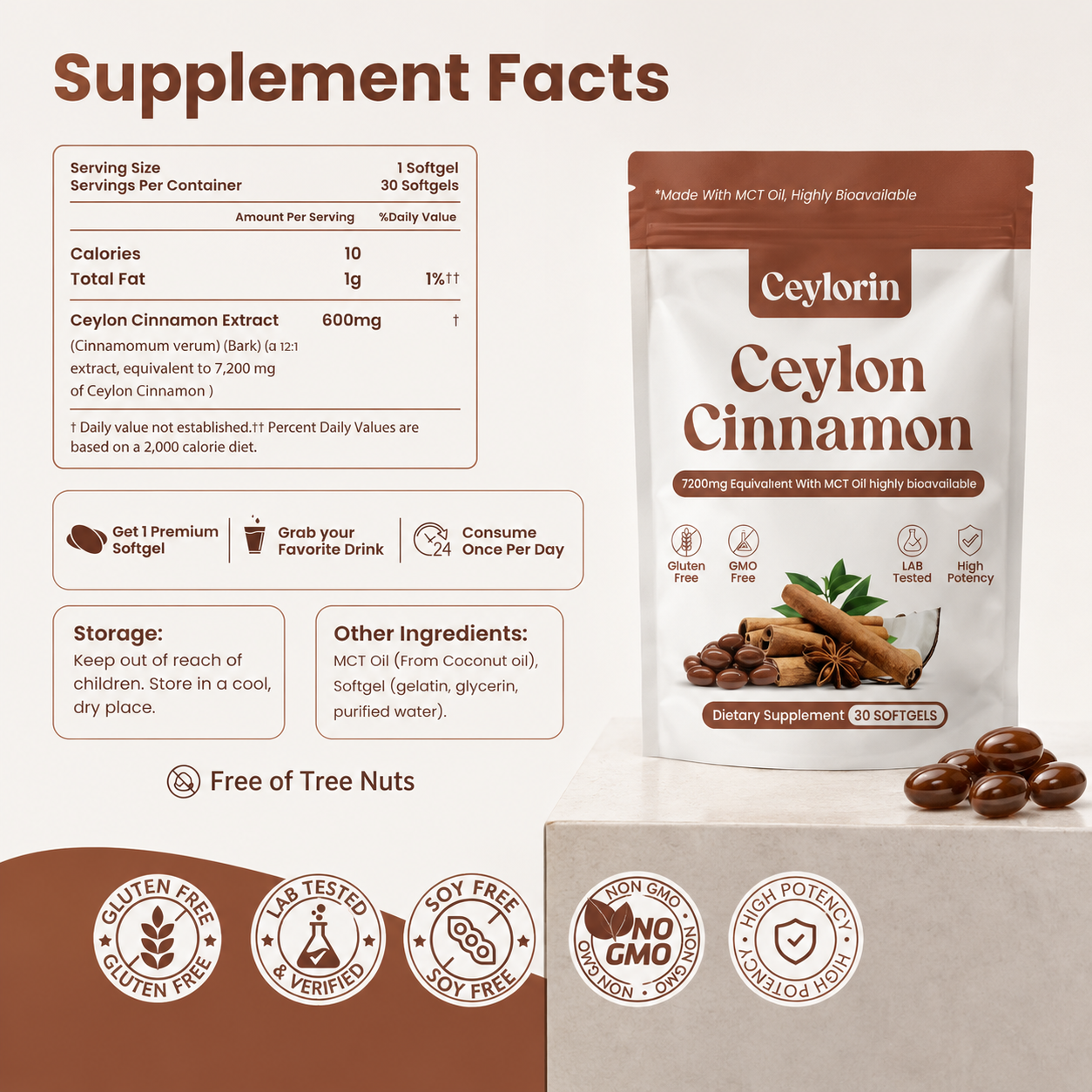 Ceylon Cinnamon 7200mg Equivalent with MCT Oil