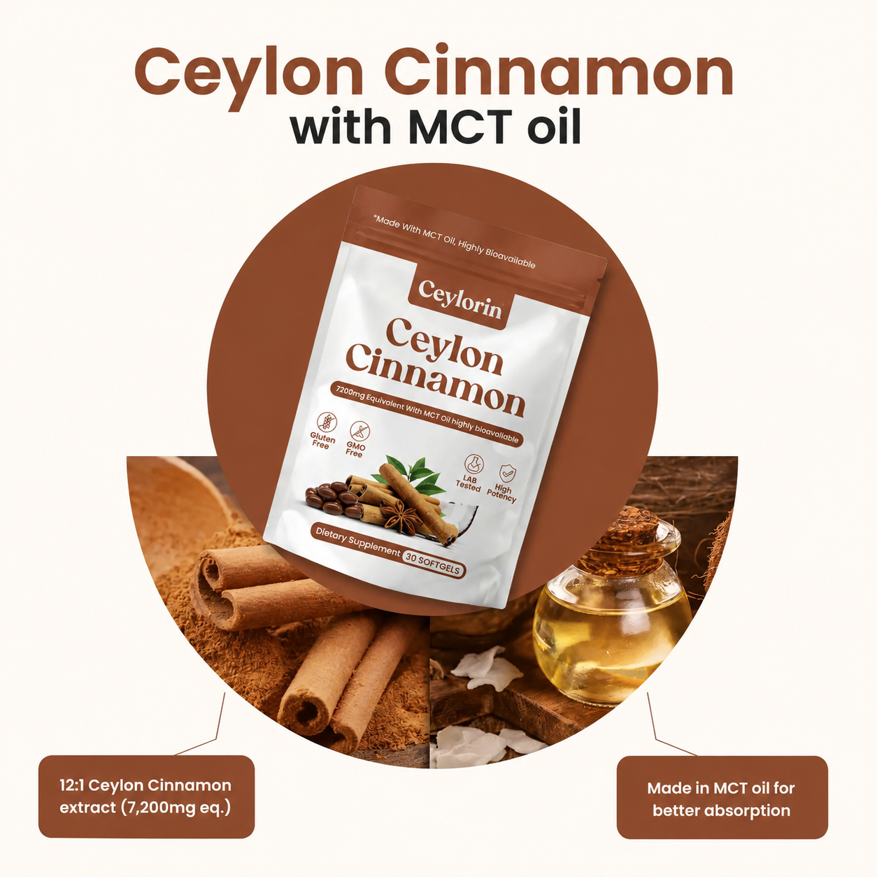 Ceylon Cinnamon 7200mg Equivalent with MCT Oil